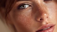Close-up portrait of young Caucasian woman with natural freckles and green eyes showcasing authentic beauty and skincare concepts for cosmetic advertising.