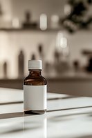 Brown glass bottle with white label and cap on reflective surface, dramatic lighting and soft bokeh background creates minimalist pharmaceutical mood.