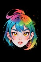 Anime style portrait of young woman with rainbow colored hair, golden eyes, and gold hoop earrings against black background. Vibrant gradient colors and expressive features.