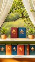 Books with leaf design on covers arranged on wooden shelf near window with white curtains and potted plants, spring tree branches visible through window.