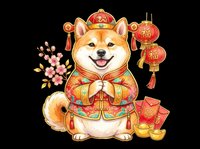Shiba Inu dog wearing traditional red and gold Chinese festival clothing with lanterns and prosperity symbols, isolated on transparent background for design use.
