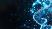 Glowing blue DNA helix structure with particles and bokeh effects on dark background, representing genetic research and biotechnology advancement.