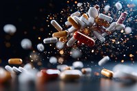 Flying pharmaceutical pills and capsules with dramatic lighting and motion blur effect against dark background, medical concept for healthcare industry.