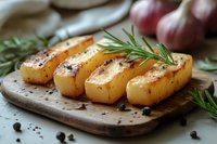 Grilled potato wedges seasoned with rosemary, black pepper and spices on wooden cutting board, close up view of roasted vegetables with herbs.