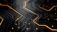 Abstract circuit board with glowing orange pathways and electronic traces on dark background. Modern technology concept for digital innovation projects.