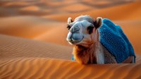 Dromedary camel with blue saddle blanket resting on sand dunes during golden sunset light, close up portrait showing friendly expression and distinctive features.