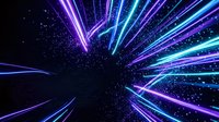 Neon light beams radiating from center creating dynamic starburst effect on dark space background with glowing particles for futuristic digital designs.