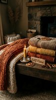 Cozy autumn self care setup with stacked towels, knit blanket, candle, dried oranges, and cinnamon by a rustic fireplace.