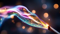 Glowing magical smoke trails with sparkles and colorful light streams emerging from burning match on dark background with bokeh effect.
