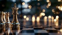 Golden chess queen piece on board with blurred bokeh lights creating dramatic atmosphere. Strategic game concept with focus on leadership piece.