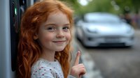 Young girl with vibrant red curly hair and freckles smiling warmly while making peace sign gesture outdoors, wearing white lace dress against blurred urban background.