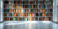 Modern library interior with large bookshelf filled with colorful books against white wall, bright natural light streaming through windows onto polished floor.