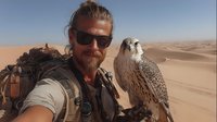 Caucasian man with beard and sunglasses in desert landscape holding falcon on gloved hand, adventure travel in sandy dunes under clear blue sky.