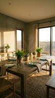 Modern dining room interior with wooden table set for dinner featuring natural plants and warm sunlight streaming through large windows.