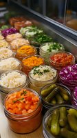 Fresh colorful vegetable and pickle assortment in glass jars at salad bar counter, including shredded carrots, cabbage, tomatoes, cucumbers and herbs for food service.