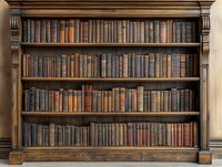 Vintage wooden bookshelf filled with antique leather-bound books in rich browns and muted colors, classic library furniture for educational content.