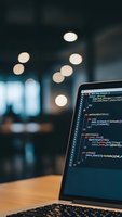 Laptop displaying programming code on screen in modern office environment with bokeh lights creating atmospheric workspace for software development projects.