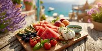 Mediterranean cheese and charcuterie board with fresh fruits, olives, and herbs on rustic wooden table overlooking turquoise sea for summer dining.