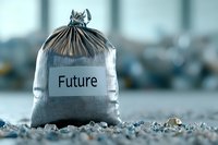 Silver money bag labeled Future on blurred background with scattered coins, representing financial planning, savings and investment concept.