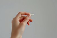 Female hand holding white chalk against neutral gray background, demonstrating gentle grip and elegant finger positioning for educational and artistic concepts.