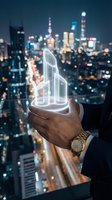 Businessman hand holding glowing holographic bar chart over night city skyline. Business growth, data analytics and financial success concept.