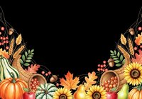 Autumn harvest cornucopia border with pumpkins, sunflowers, wheat, acorns and colorful fall leaves on black background for seasonal greeting cards and decorations.