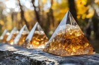 Crystal pyramids with amber citrine stones arranged in row on wooden surface against blurred autumn forest background with golden bokeh light effects.
