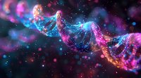 Glowing DNA strand structure with vibrant pink and blue colors against dark space background, abstract genetic science concept with bokeh light effects.