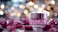 Luxurious pink cosmetic cream jar with rose petals and soft bokeh lights background creates elegant beauty product composition for skincare and wellness advertising.