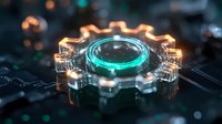 Glowing turquoise gear mechanism on dark circuit board with orange light effects and bokeh background creates futuristic technological atmosphere.