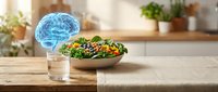Fresh salad bowl with glowing brain hologram on wooden table representing healthy nutrition for cognitive function and mental wellness in modern kitchen.