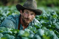 Smiling Caucasian farmer in cowboy hat and denim shirt crouching among green cabbage rows in vegetable field during harvest season, agricultural lifestyle portrait.
