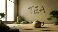 Zen tea room interior with clay teapot on bamboo mat, bonsai trees, moss stones, and TEA calligraphy on textured wall.
