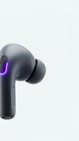 Wireless earbud with glowing purple accent light isolated on white background, ready for tech product design, marketing materials, and digital applications.