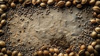 Roasted coffee beans and ground coffee arranged as decorative frame on rustic stone background, creating natural border for food photography.