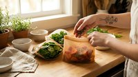 Young adult with tattoo on forearm preparing fresh vegetables on wooden cutting board in bright kitchen, chopping leafy greens for meal preparation and healthy cooking.