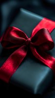 Elegant red satin bow tied on dark gift box with dramatic lighting and shallow depth of field creating luxurious holiday or special occasion atmosphere.