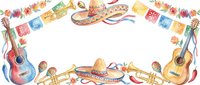 Festive Mexican celebration frame with colorful papel picado banners, traditional sombreros, maracas and acoustic guitars on white background for party invitations.