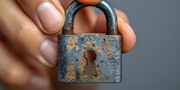 Vintage rusty padlock with keyhole held between fingers showing weathered blue paint and aged metal texture against blurred background, security concept.