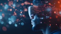 Young African American man profile with digital particle effect, glowing network connections and bokeh lights in blue and orange tones representing artificial intelligence.