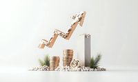 Financial growth concept with stacked coins, upward trending arrow and decorative elements on white background, minimalist business composition.