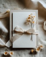 Elegant wedding invitation with dried flowers and beige ribbon on textured card, styled on natural linen fabric for rustic celebration stationery.