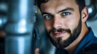 Close up portrait of bearded man with blue eyes and gentle smile wearing dark blue shirt, looking directly at camera against blurred background.