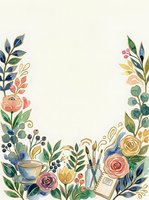 Watercolor floral frame with roses, leaves, tea cup, and art brushes on white background, perfect for cards, invitations, and creative stationery.
