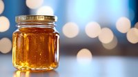 Golden honey in glass jar with metal lid against blurred blue bokeh background, natural sweetener and healthy food product photography.