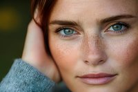 Close up portrait of young Caucasian woman with striking blue eyes, natural freckles, and auburn hair wearing gray sweater against soft bokeh background.