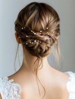 Elegant bridal updo hairstyle with pearl pins and loose strands, shown from behind on blonde woman wearing white lace wedding dress against light background.