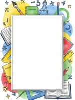 Colorful school supplies frame with blank white space for text. Educational tools border including books, rulers, compass, pencils creating copyspace for design.
