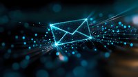 Glowing digital mail envelope icon with network connections on dark background, neon blue light effect with particles and bokeh for technology concept.
