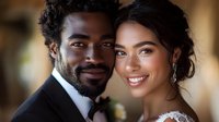 Happy interracial couple on wedding day, African American groom in black tuxedo and bride in white dress with elegant jewelry smiling together indoors.